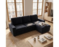 Wishdor - Hoekbank Met Opbergruimte En Afneembare Hoezen - Modern Ontwerp - Voor De Woonkamer - Polyester, Hout En Metaal - Zwart - 245,5 Cm