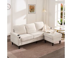 Wishdor - Hoekbank - Met USB-C En Bekerhouders - Modern - Voor Woonkamer - Linnen - Beige - 202 X 137 X 80 Cm