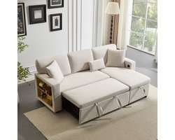 Wishdor - Hoekslaapbank - Verwisselbare Ottomaan En Uitschuifbaar Bed - Met Opbergruimte En USB - Fluwelen Stof - Beige