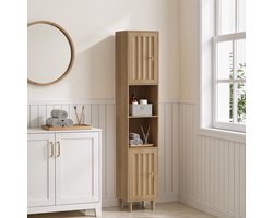 Wishdor - Hoge Badkamerkast - Met Geribbelde Deuren Dubbele Deuren En Open Vakken - Mid-Century Modern - Voor Badkamer Woonkamer Of Hal - Vrijstaand Van MDF - Eikenkleur - 32 X 30 X 169 Cm