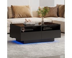 Wishdor Hoogglans salontafel met 4 lades, zwart – LED Bluetooth (16 kleuren) | USB-gevoed | 90×55×35 cm