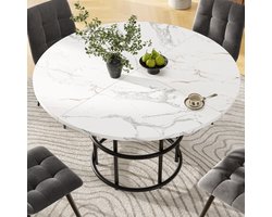 Wishdor Hotel Chique Ronde Eettafel (Ø 100 cm) - Witte Marmerlook Keukentafel met Zwart Metalen Frame - Ruimtebesparend