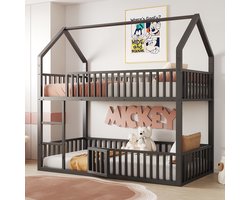 Wishdor Huisbed Stapelbed 90x200 cm - Zwart Metaal - Speelhut met Deurtje - Montessori Vloerbed - Uitvalbeveiliging - Kinderbed - Industrieel