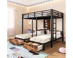 Wishdor Industrieel 3-Persoons Stapelbed - 1x 140x200 & 2x 90x200 cm - Kruislings Hoekbed met Lades & Kast - Metaal/Hout - Zwart (Vanaf 6 Jaar)