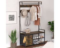 Wishdor - Kapstok Met Schoenenbank En Schoenenrek - Verstelbare Haken - Industrieel - Hout En Metaal - Bruin Zwart - 100 X 40 X 180 Cm