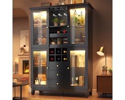 Wishdor - Kast - App-gestuurde LED-verlichting - 3 laden en wijnrek - modern dressoir voor woonkamer of eetkamer - houtlook en metaal - zwart - 120 x 40 x 180,5 cm