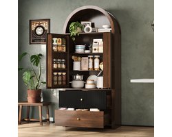Wishdor - Kast - Boogdesign - open vak en 2 lades - vintage stijl - voor keuken en woonkamer - walnootlook houtlook en zwart - 80 x 40 x 180 cm