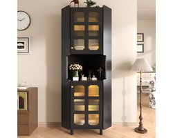 Wishdor - Kast - Hoekkast met LED-verlichting - 3-zones opbergruimte met glasdeuren en open vak - modern - woonkamer of slaapkamer - houtlook - zwart - 63,5 x 43 x 157,5 cm