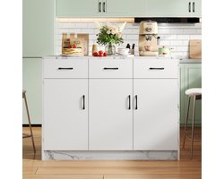 Wishdor - Keukeneiland - 3 Laden En 3 Deuren - Marmerlook - Voor Keuken - MDF - Wit - 120 X 60 X 90,5 Cm