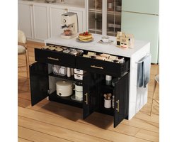 Wishdor Keukeneiland - Met Barblad En Stopcontacten - Marmerlook - Voor Keuken - MDF - Zwart - 120 X 60 X 91 Cm