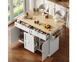 Wishdor Keukenisland op wielen - Klapbare werkbladverlenging - Opbergkast met lades - MDF - Naturel en wit - 120 x 70 x 92 cm