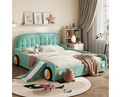 Wishdor Kinderbed 140x200 cm - Autobed met glijbaan en trap - Flexibel links of rechts monteerbaar - Veilige valbescherming - Voor jongens en meisjes - Zacht fluweel - Blauwgroen