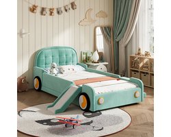 Wishdor Kinderbed 90x200 cm - Autobed met glijbaan en trap - Flexibel links of rechts monteerbaar - Veilige valbescherming - Voor jongens en meisjes - Zacht fluweel - Blauwgroen