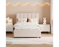 Wishdor - Kinderbed - Hydraulische Opbergruimte - Klassiek - Slaapkamer - Linnen - Beige - 90x200 Cm