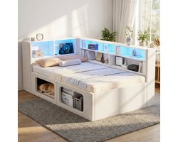 Wishdor – Kinderbed met twee dierenhuisjes & opbergruimte – Led, USB & Type-C – Fluweel – Beige – Creëer een magische kinderkamer voor spelen en slapen