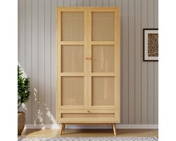 Wishdor - Kledingkast - 2 Deuren En Kledingroede - Rotanlook - Voor Slaapkamer Of Woonkamer - Hout En PE-Rotan - Naturel