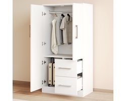 Wishdor - Kledingkast - Dubbele deuren met 2 lades en opbergruimte - Scandinavische stijl - Kinderkamer en slaapkamer - Hout - Wit - 70 x 40 x 135 cm
