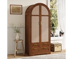 Wishdor - Kledingkast - Gebogen deuren - Met kledingroede en lades - Modern - Voor slaapkamer of hal - Houtlook met rotan - Walnoot - 80 x 50 x 179 cm
