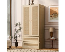 Wishdor Kledingkast met 2 deuren en 2 lades - Rotanlook deuren en hangroede - Groot opbergvak voor kleding en accessoires - Slaapkamer woonkamer kleedkamer - Houtkleur - 70 x 55 x 170 cm