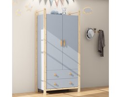 Wishdor - Kledingkast Met Kledingroede En 2 Laden - Modern - Voor Slaapkamer - Spaanplaat En Grenenhout - Blauw En Naturel