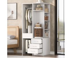 Wishdor Kledingkast - Open hanggedeelte met kledingroede - Drie laden en opbergvakken voor kleding en accessoires - Minimalistisch ontwerp - Slaapkamer kleedkamer woonkamer - MDF en metaal - Wit en houtkleur - 70 x 55 x 175 cm