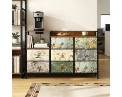 Wishdor - Ladekast - 8 stoffen lades en open vakken - industriële vintage stijl - voor hal slaapkamer of woonkamer - houtlook en metaal - meerkleurig - 132 x 29 x 88 cm