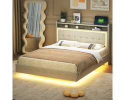 Wishdor Ledikant 140x200 cm, gestoffeerd in beige linnen, met USB-poort en LED-verlichting, verborgen poten