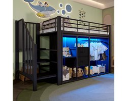 Wishdor Ledikant 90x200 cm van metaal en MDF, met 2 laden, open kledingruimte en multicolor LED