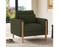 Wishdor Leunstoel Met Armleuningen En Dik Zitkussen - Modern Ontwerp - Voor Woonkamer Of Slaapkamer - Teddystof En Massief Hout - Groen - 87 X 83 X 88,5 Cm