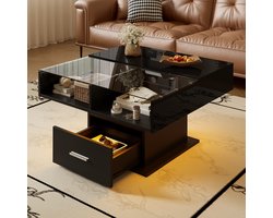 Wishdor Lift-salontafel hoogglans/mat zwart – verstelbaar tot 59,5 cm, uitschuifbaar 78×78/45,5 cm, LED met Bluetooth