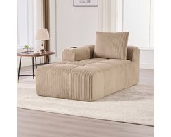Wishdor Lounge Fauteuil - Chaise Longue met Bekerhouder & Zijvakken - Ribstof (Corduroy) - Zonder Montage - Kaki - 158x93 cm
