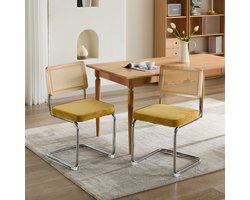 Wishdor Luxe Set van 2 Sledestoelen - Bauhaus Design met Webbing & Velvet - Chromen Buisframe met Vloerbeschermers - Okergeel