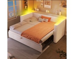 Wishdor Luxe Slaapbank / Uitschuifbed 90x200 tot 180x200 cm - Met LED Verlichting (App) - Fluweel Beige - Logeerbed
