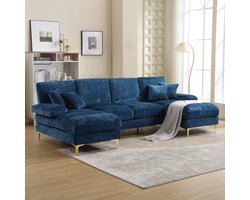 Wishdor Luxe U-Vormige Hoekbank - Moderne Loungebank met Gouden Poten - Huisdiervriendelijk Chenille - 272x136 cm - Blauw