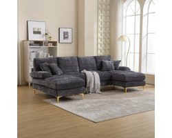 Wishdor Luxe U-Vormige Hoekbank - Moderne Loungebank met Gouden Poten - Huisdiervriendelijk Chenille - 272x136 cm - Grijs