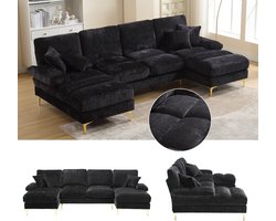Wishdor Luxe U-Vormige Hoekbank - Moderne Loungebank met Gouden Poten - Huisdiervriendelijk Chenille - 272x136 cm - Zwart
