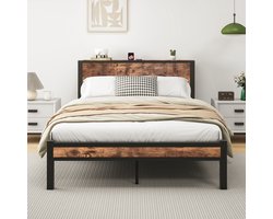 Wishdor Metalen Bedframe Met Hoofdbord En Opbergruimte - Lattenbodem Zonder Boxspring - MDF En Metaal - Antiekbruin - 140x200 Cm