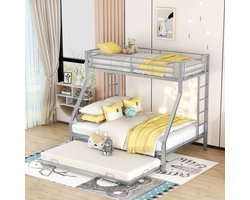 Wishdor Metalen Stapelbed 90x200/140x200 cm – Uitschuifbed en Ladder aan Beide Zijden – 3 Slaapplaatsen in één – Verhoogde Veiligheidshekken – Industriële Stijl – Geschikt voor Grote Gezinnen – Versterkt Staal – Zilver