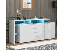 Wishdor Modern Dressoir 160 cm met App LED Verlichting - Asymmetrisch TV Meubel Hoogglans Wit - Ondiepe Kast (35cm) met 4 Lades & 2 Deuren