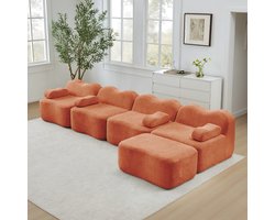 Wishdor Modulair Hoekbankstel - Golfvorm En Diepe Zitting - Modern - Voor Woonkamer - Fluweel - Oranje - 4-Zits Met Ottoman