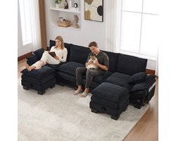 Wishdor - Modulaire 4-Zits Bank Met 2 Hockers - Brede Zitting En USB-C - Modern - Voor Woonkamer Of Ontvangstruimte - Cordstof - Zwart