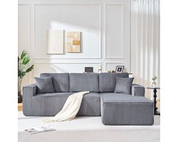 Wishdor Modulaire Hoekbank L-Vorm (Hoek Rechts) - Ribstof Plofbank met Chaise Longue - Inclusief 2 Kussens - Grijs - 235x128x83 cm