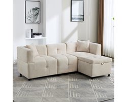 Wishdor - Modulaire Hoekbank - Met Opbergruimte En Afneembare Hocker - Chenille - Beige - 204 X 126 X 69 Cm
