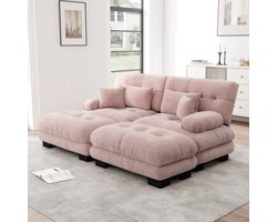 Wishdor - Modulaire Hoekbank - Met Ottomans En Kussens - Vintage - Voor Woonkamer - Chenille - Roze