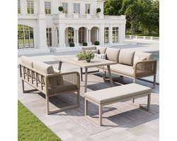 Wishdor - Modulaire Loungeset - Afneembare En Wasbare Kussenhoezen - Handgevlochten PE-Rattan - Beige