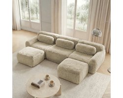 Wishdor Modulaire U-Vormige Loungebank - 291x179 cm - Frameloos Daybed met 2 Hockers - 32D Schuim (900kg) - Teddy Pluche - Licht Kaki