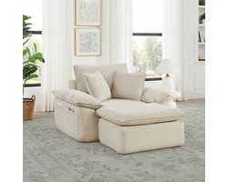 Wishdor Modulaire Vloerfauteuil XXL met Voetenbank - Frameless Plofstoel - Inclusief 2 Kussens - Ribstof - Beige - 127x97x83 cm