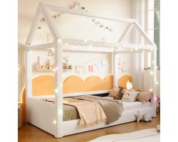 Wishdor Montessori Vloerbed / Huisbed (90x200 cm) - Volledig Gestoffeerd Peuterbed met LED Lichtslinger & Achterwand - Linnen - Beige