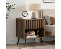 Wishdor - Nachtkastje - 1 lade en open vak - modern design - slaapkamer of woonkamer - houtlook en metaal - walnootkleur - 45 x 40 x 53 cm