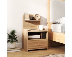 Wishdor Nachtkastje 40x35x66 cm van spaanplaat met melamine, naturel houtlook, met lade en open vak